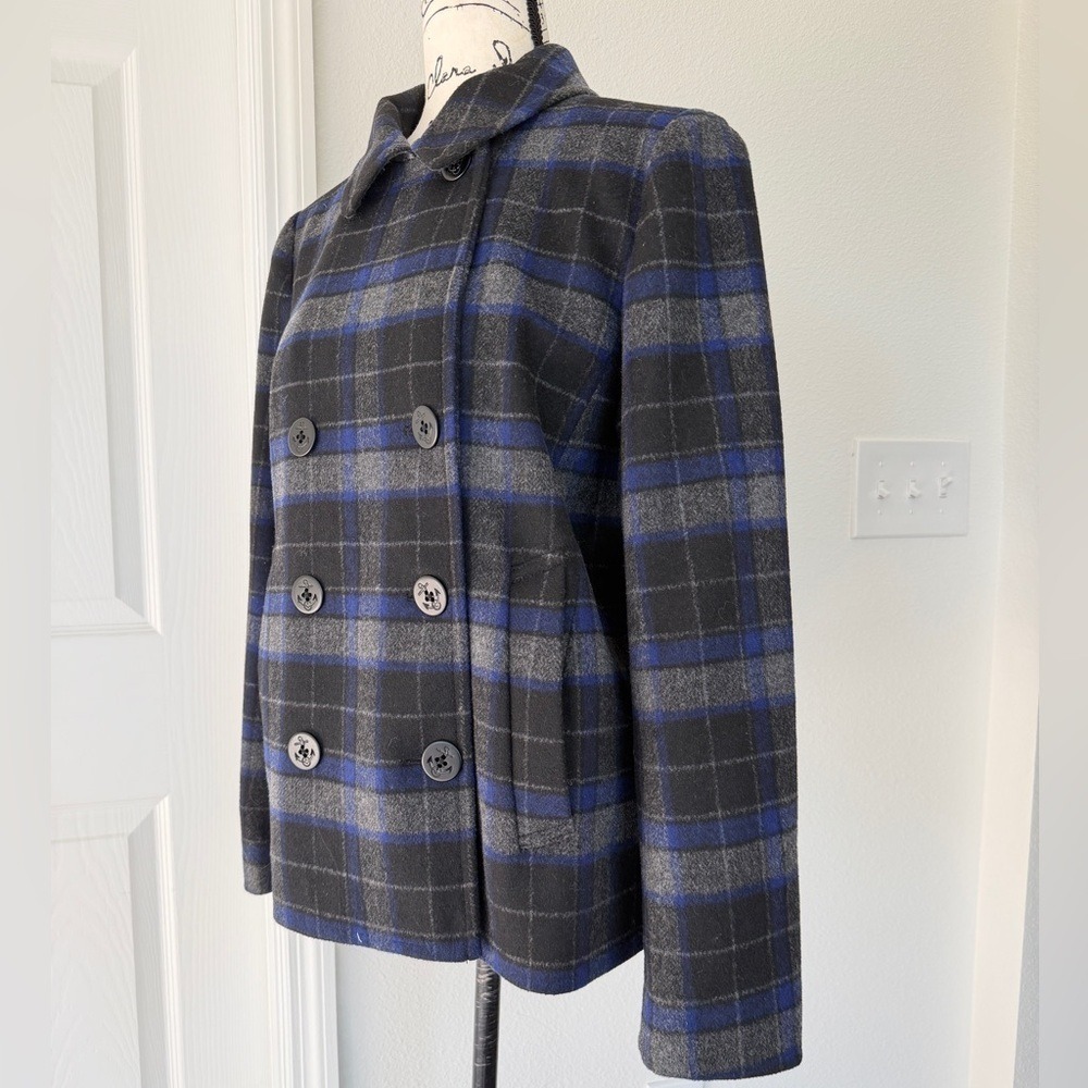 J.Crew Blue Grey Plaid‎ Wool Blend Pea Coat Jacket E2645 Size 8 Dark Academia - Picture 14 of 16